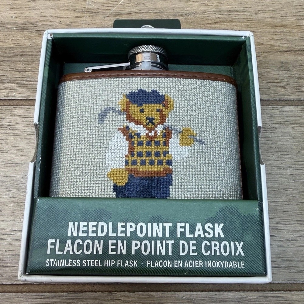 Eastwood Pines Golf Needlepoint Flask Golfing Bear - Stainless Steel 6oz NEW Box